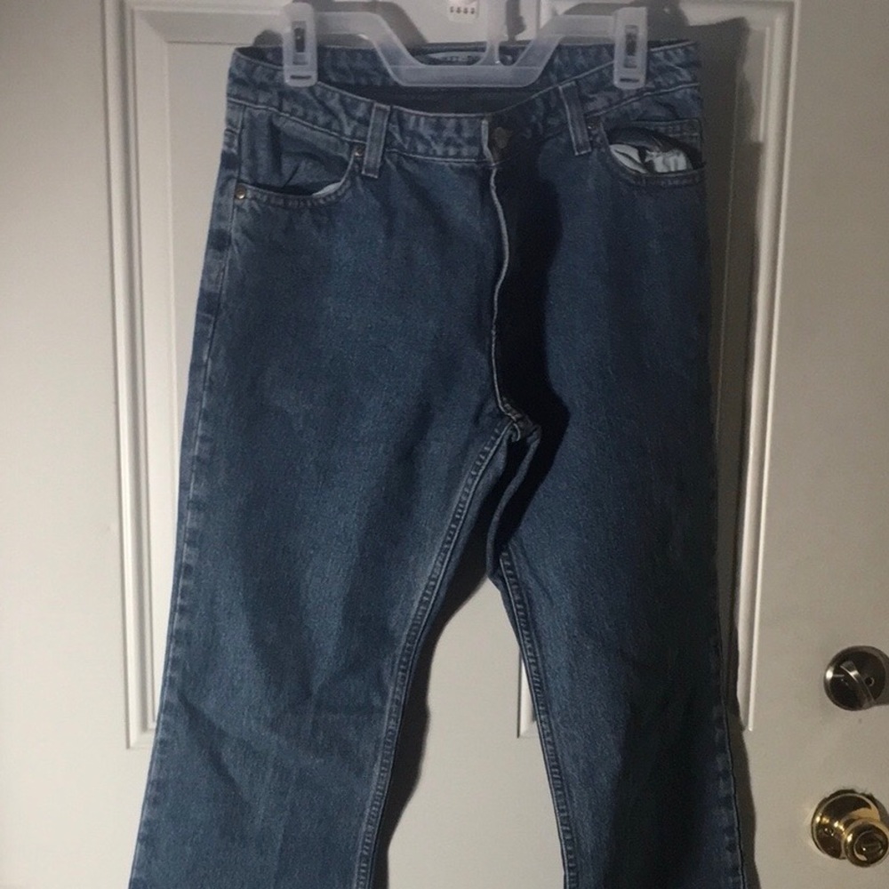 Harley Davidson woman’s zip button front jeans 34” inseam with pockets size 8L